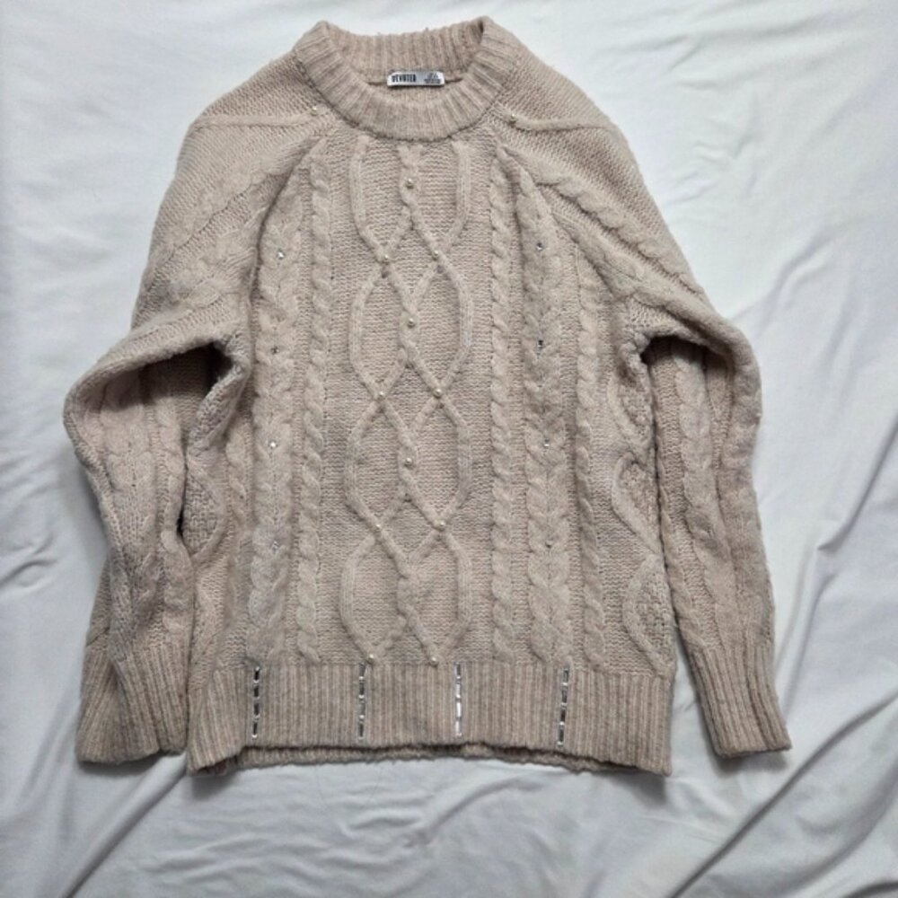 DEVOTED Cream Cable Knit Sweater Faux Pearl Rhinestone Embellished Size S